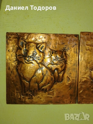 Стара Медна Декоративна Картина , Медно Пано - Котенца , снимка 5 - Картини - 51674292