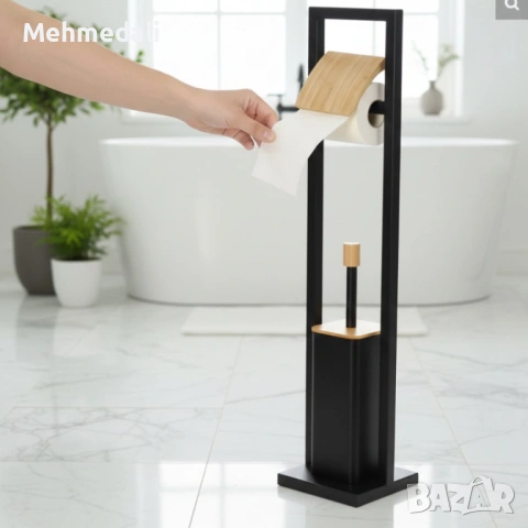 Стойка 2в1 Cheffinger за баня  Тоалетна четка + държач за тоалетна хартия | Метал и дърво , снимка 3 - Други стоки за дома - 53168764