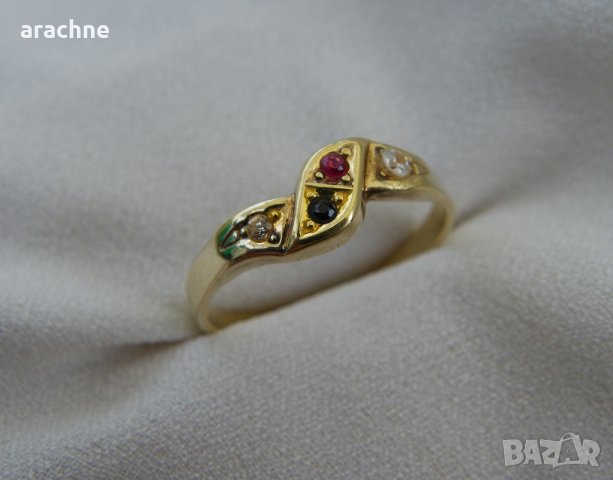 Позлатен сребърен пръстен с рубин,сапфир, бял и жълт топази