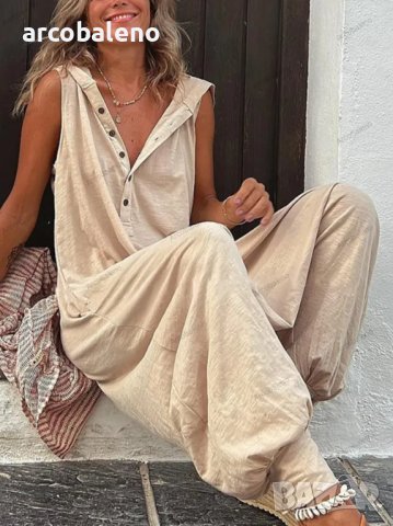 Едноцветен дамски гащеризон с качулка и копчета без ръкави, 6цвята , снимка 2 - Гащеризони - 40394395