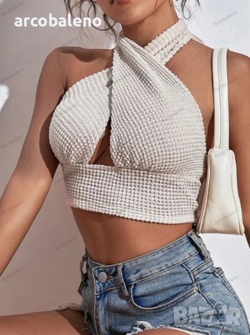 Дамски плетен секси топ с вафлен халтер без гръб, снимка 2 - Корсети, бюстиета, топове - 39677134