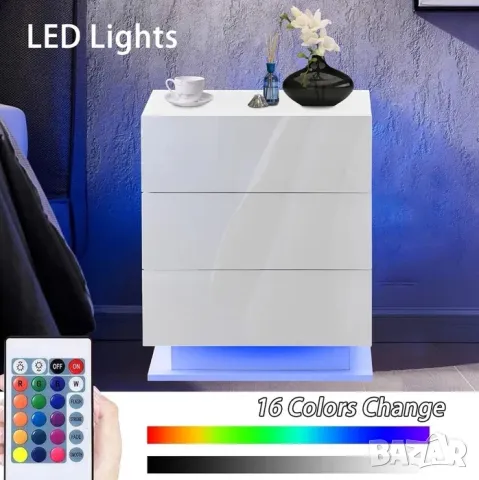 Нощни шкафчета Бял/Черен гланц/мрамор лед LED осветление, 3 чекмеджета, снимка 3 - Шкафове - 48668606