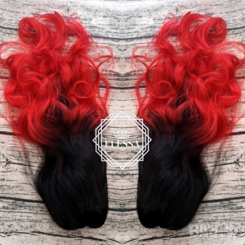 Естествена Луксозна Омбре -Черно и Ярко Червено Цветово Преливане Опашка с Щипка Код С302, снимка 3 - Аксесоари за коса - 26401870