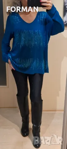 СТРАХОТНА блуза в цвят ПЕТРОЛИО със сини камъчета, снимка 1