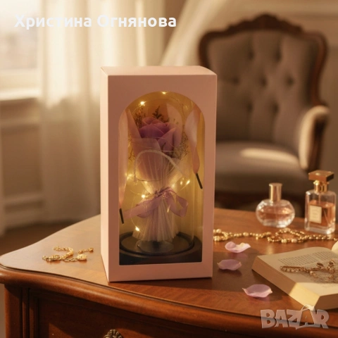 Декоративна роза в стъклен купол - В подаръчна кутия, снимка 4 - Подаръци за жени - 53046221