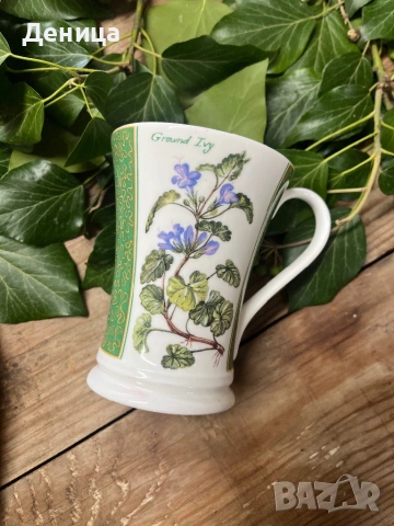 Чаша за чай от фин костен порцелан Crown Trent с ботаническа илюстрация „Ground Ivy“.  , снимка 2 - Чаши - 53311155