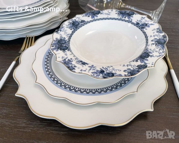 Порцеланов сервиз за хранене със златен кант и син орнамент- 18 части, снимка 2 - Сервизи - 43805602