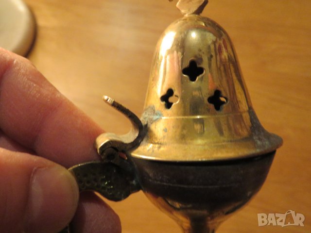 Старинно бронзово кадило, тамянник с дебела патина и кръст  13 см, 1914 г, Царство България - за кол, снимка 2 - Антикварни и старинни предмети - 39877368