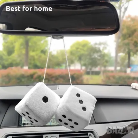  Чифт бели плюшени зарове за вътрешно огледало на кола, снимка 2 - Аксесоари и консумативи - 50021620