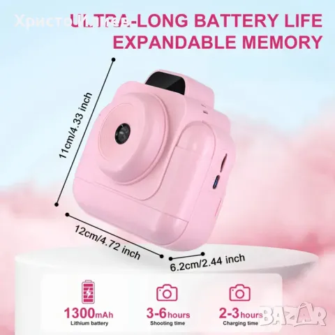 Детски фотоапарат за моментни снимки с дисплей мини термален Принтер с хартия комплект Розов Син, снимка 2 - Фотоапарати - 49648947