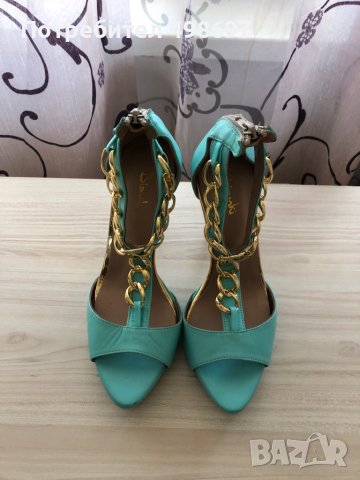 Тюркоазено зелени сандали на ток, 37, снимка 1 - Сандали - 36687760