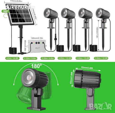 Комплект от 4 броя соларни прожектора за градина, топла светлина, 5000 mAh, IP66, 3 режима, снимка 6 - Прожектори - 52559173