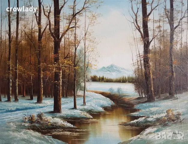 Красива картина Зимен пейзаж от Fellows с маслени бои , снимка 2 - Картини - 47546822