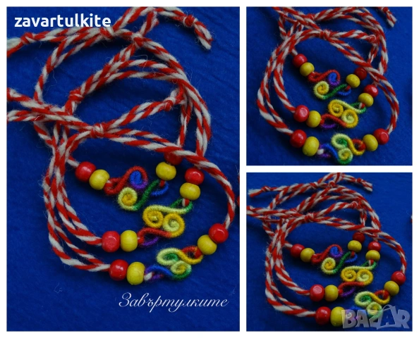 Мартеници гривни от вълна с червени или цветни завъртулки, снимка 2 - Български сувенири - 53253584