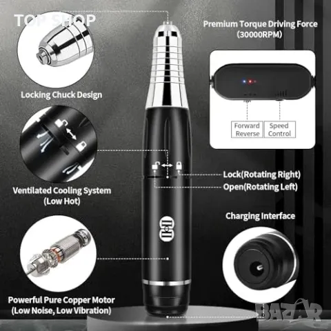 Нова електрическа пила за нокти 30000RPM за акрил гел педикюр маникюр, снимка 5 - Продукти за маникюр - 49239110