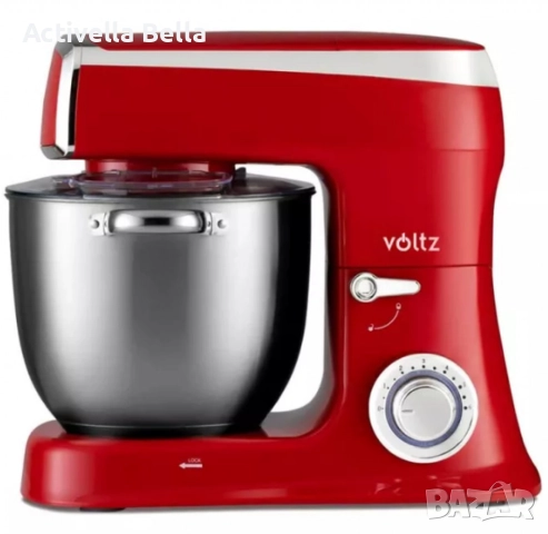 Планетарен миксер с купа от инокс Voltz, 2100W, 7.5 литра, 3 бъркалки, 6 степени + Pulse, LED, Черве