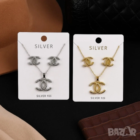 Комплект колие и обеци с луксозно излъчване/ устойчив метал chanel, снимка 2 - Бижутерийни комплекти - 51927248
