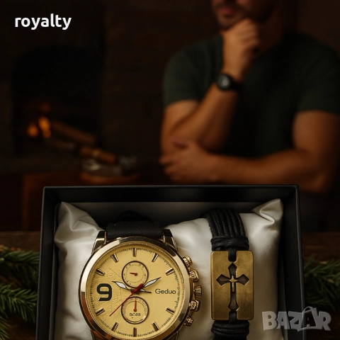 Мъжки комплект Geduo – елегантен часовник със златист циферблат и кожена гривна в подаръчна кутия, снимка 3 - Бижутерийни комплекти - 52122305