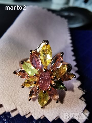 Елегантен Сребърен 925 Пръстен с позлата и натурални Турмалини!, снимка 4 - Пръстени - 40435935