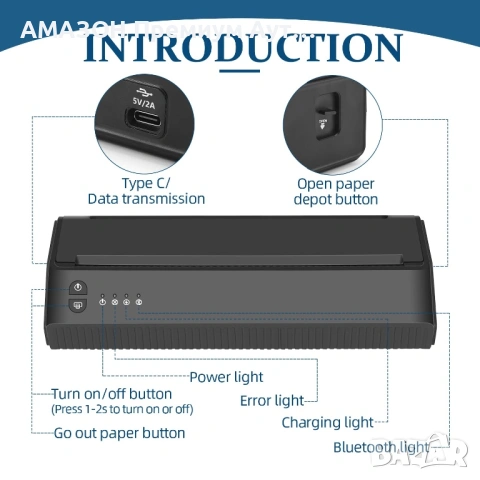 ATOMUS Преносим термопринтер A4/Bluetooth/USB/PC/шаблони за татуировки, снимка 3 - Друга електроника - 53187907