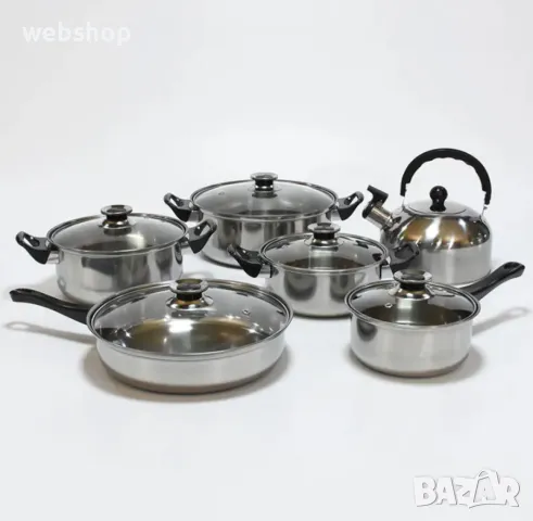 Кухненски Комплект прибори за готвене от 6 части - 3 Броя тенджери, Тиган, Касерола и Чайник, снимка 2 - Съдове за готвене - 48495718