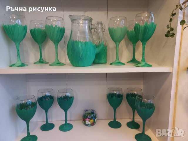 Комплекти чаши и кана в щрихи зелено, снимка 1 - Декорация за дома - 43741426