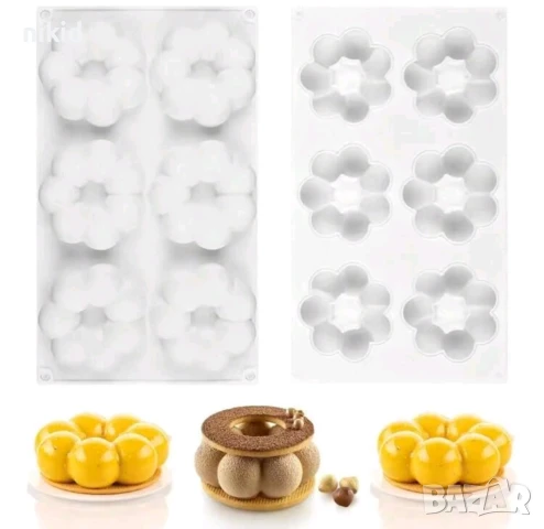 6 цветя цвете от топчести понички едри силиконов молд форма мус кексчета мъфини гипс шоколад сапун 