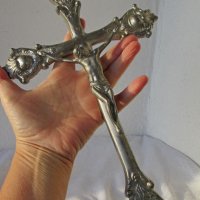 32 см голям кръст разпятие Исус орнаменти метал икона религия пано , снимка 4 - Антикварни и старинни предмети - 28872644