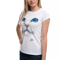 Страхотна нова дамска бяла тениска с 3D принт Котка със сини очи, снимка 2 - Тениски - 29126635