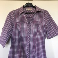Памучна карирана риза М бяло и лилаво каре  ¾ къс ръкав, снимка 1 - Ризи - 26849375