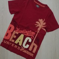 Тъмночервена тениска с жълто-оранжева щампа плаж за ръст 134-140см, снимка 1 - Детски тениски и потници - 28491860