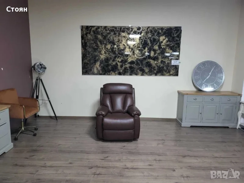  Кафяв кожен фотьойл La-z-boy с ръчен релаксиращ механизъм, снимка 1