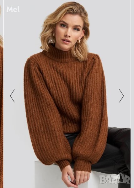 NA-KD плетена блуза с пуф ръкави, кафява, XS-S, снимка 1