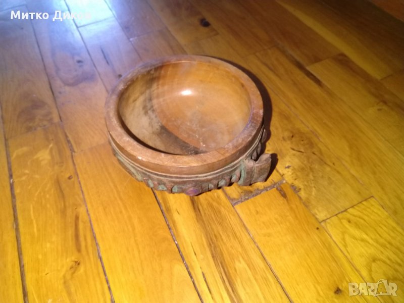 Дървена купа от соца с облицовка естествена кожа с инкрустация-Електроимпекс София фи 120мм и Н-54мм, снимка 1