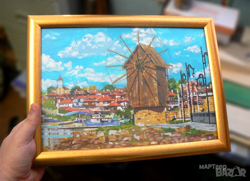 Маслена картина с вятърната мелница в Несебър. Худ. мАРТгер ., снимка 1