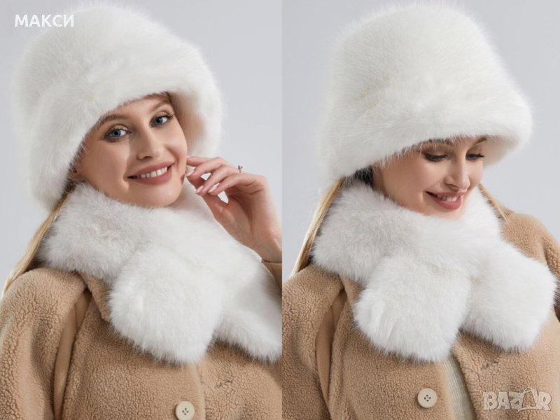 Зимен луксозен модерен комплект от две части в бяло- шапка и шал с прибиращ прорез/много топли, снимка 1