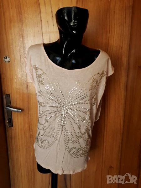 Бежова тениска тип потник с пайети пеперуда М, снимка 1