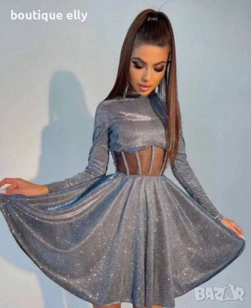 бляскава рокля в сиво и черно, снимка 1
