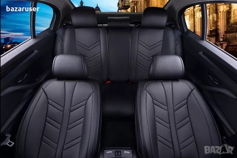 К-т Черна Кожена Тапицерия(Калъфи за Седалки) Подходящ за всички автомобили, снимка 1