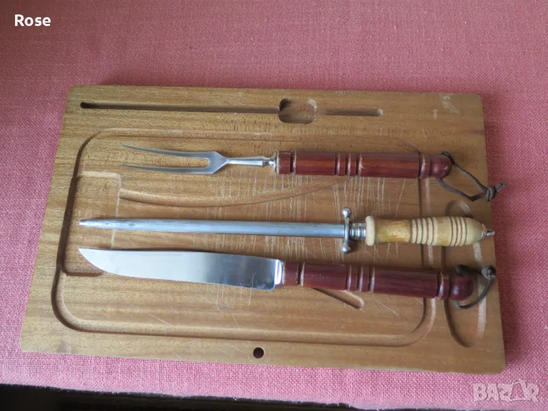 Нож и вилица,масат Солинген ,ЗА СКАРА,БАРБЕКЮ,дъска за рязане -тиково дърво, снимка 1