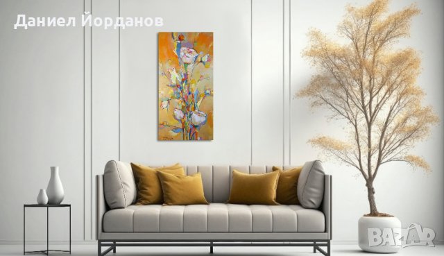 Картина маслени бои на платно "Рози на щастието", 50 х 100 см , снимка 2 - Картини - 43048170