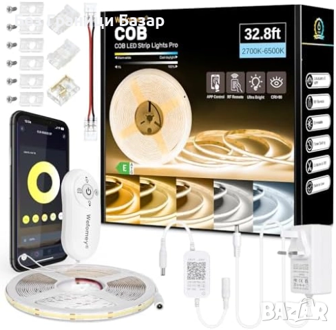 Нова COB LED Лента 10М 24V Бяло Димируемо Осветление с Контролер за дом