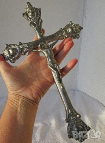 Кръстове различни: 32 см. голям кръст разпятие Исус орнаменти метал икона религия пано, троица , снимка 4 - Антикварни и старинни предмети - 28872644