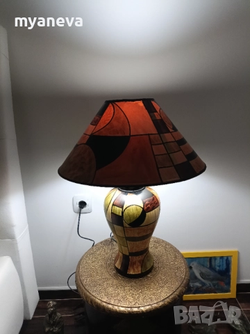 Vintage, настолна лампа с абстрактен  арт дизайн в топли цветове.  , снимка 4 - Настолни лампи - 51877417