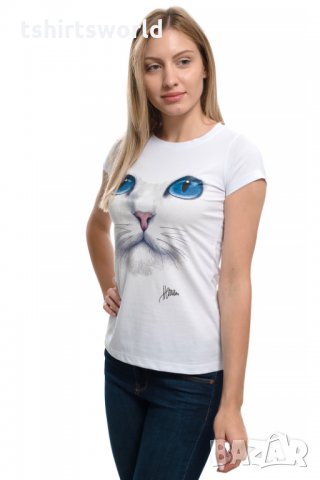 Страхотна нова дамска бяла тениска с 3D принт Котка със сини очи, снимка 2 - Тениски - 29126635