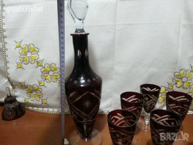 Цветен червен кристал чаши с гарафа, снимка 5 - Антикварни и старинни предмети - 43342861