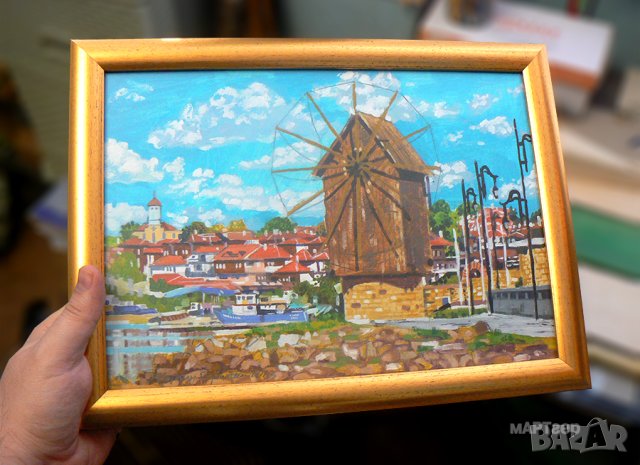 Маслена картина с вятърната мелница в Несебър. Худ. мАРТгер .