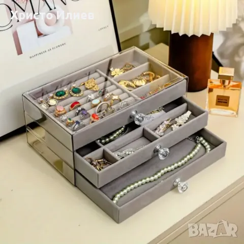 Голяма кутия за бижута с 3 чекмеджета с кадифена подплата Бежова Сива, снимка 2 - Други - 48179879