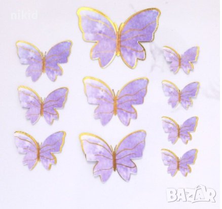 10 пеперуди картонени златен контур на тел розови лилави топери украса декор за торта, снимка 7 - Други - 29247526