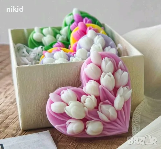 Сърце с лалета лале цветя силиконов молд форма фондан шоколад гипс Свети Валентин 8 Март, снимка 2 - Форми - 49499907